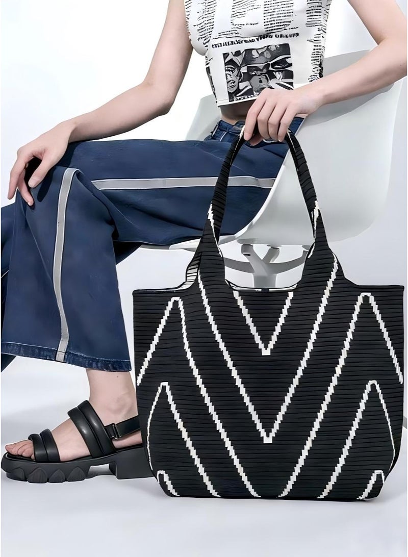Nestvel Black & White Chevron Knit Tote Bag，Handbags with Pockets, Crossbody Bags, Large Handbags, Top Handle Shoulder Bags, Casual Work Bags, Everyday Shoulder Bags, Various Handbags Suitable for Work, Travel, Shopping, One Size - Image 2
